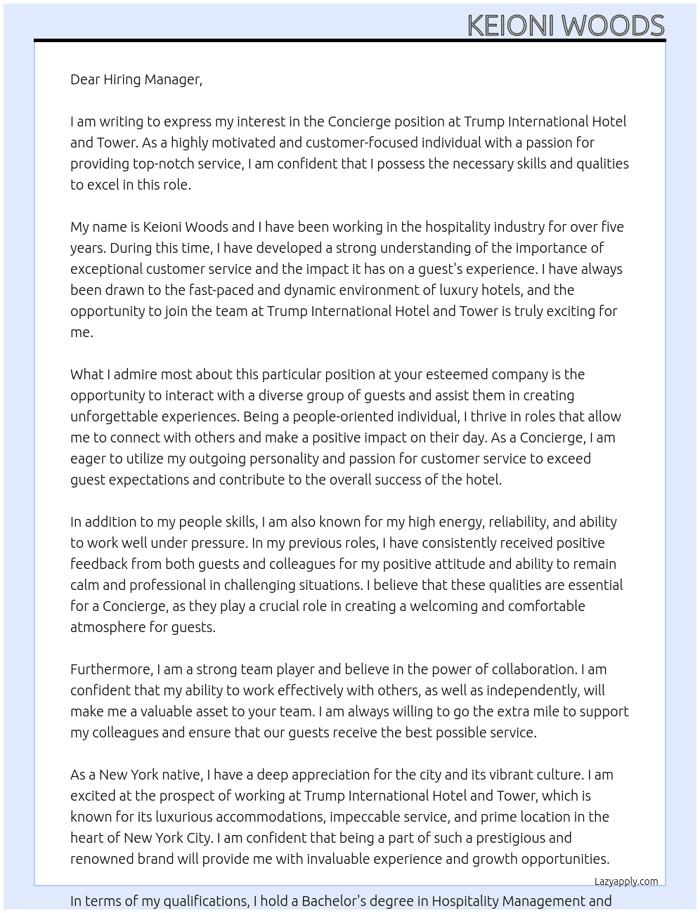 Concierge At Trump International Hotel and Tower Cover Letter