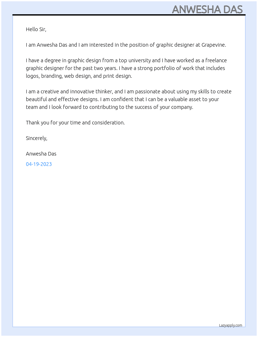 Graphic designer  At Grapevine  Cover Letter