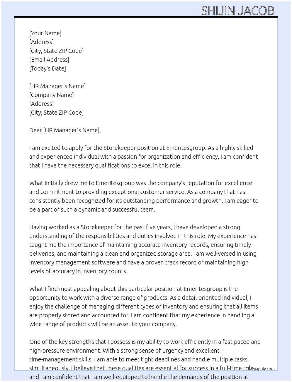 Storekeeper At Emeritesgroup Cover Letter