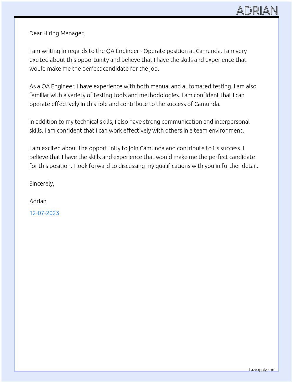 QA Engineer - Operate At Camunda Cover Letter
