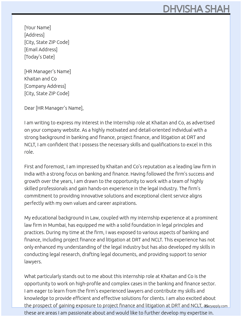 Intern At Khaitan and co  Cover Letter