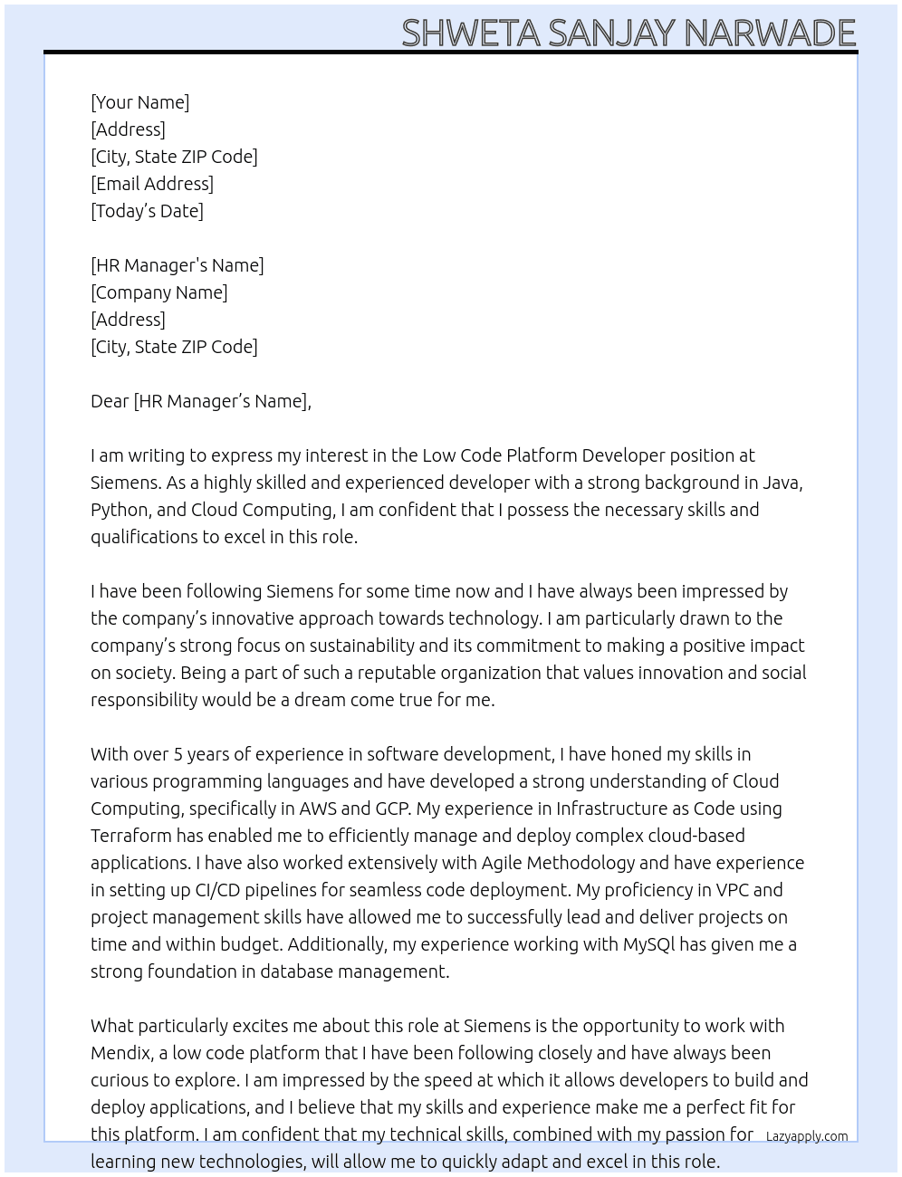 Low Code Platform Developer - Mendix At Siemans Cover Letter