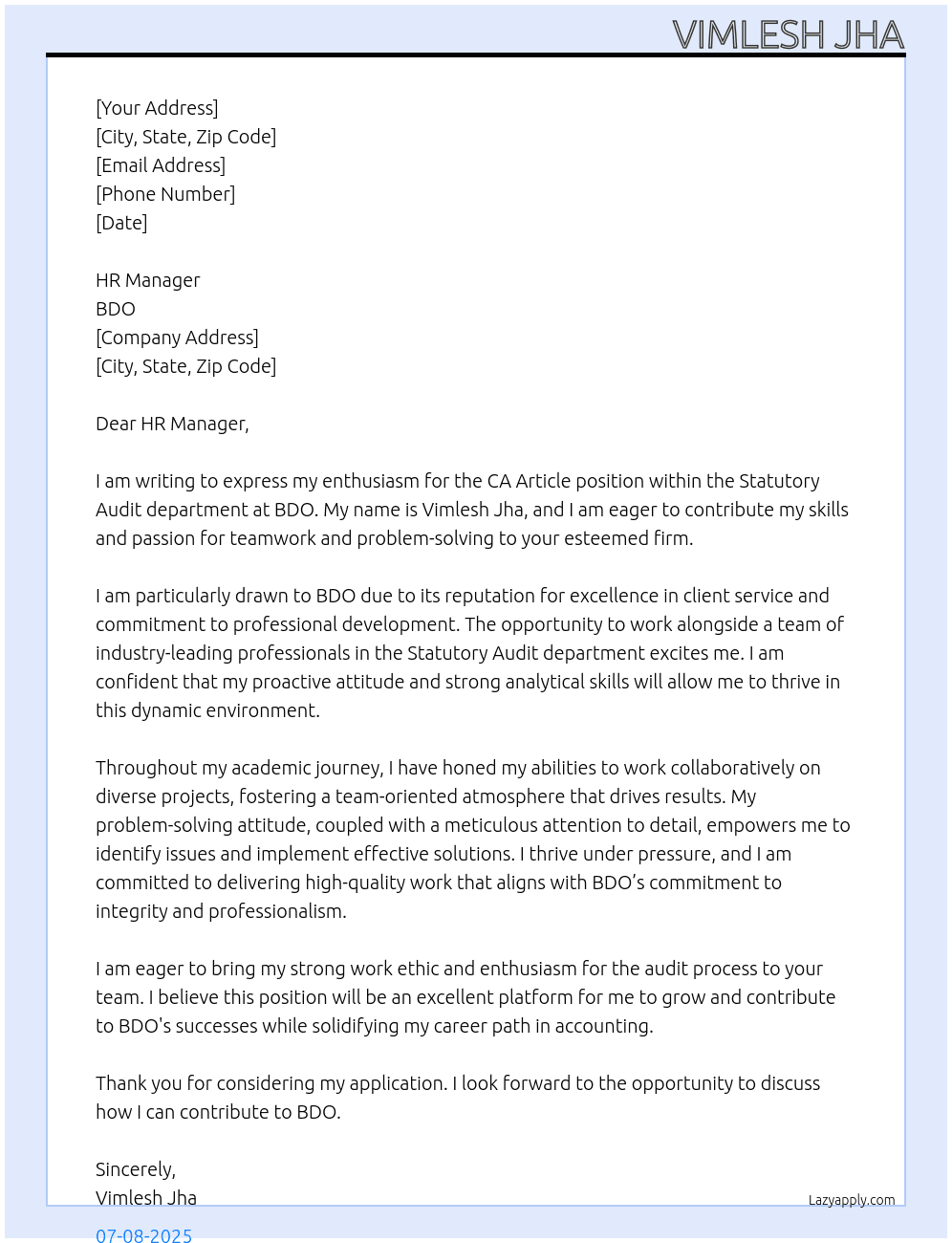 Ca article  At BDO Cover Letter