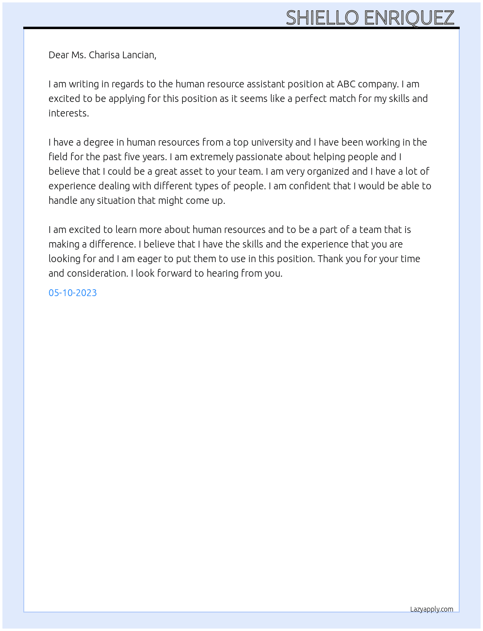 Human resource assistant  At ABC company  Cover Letter