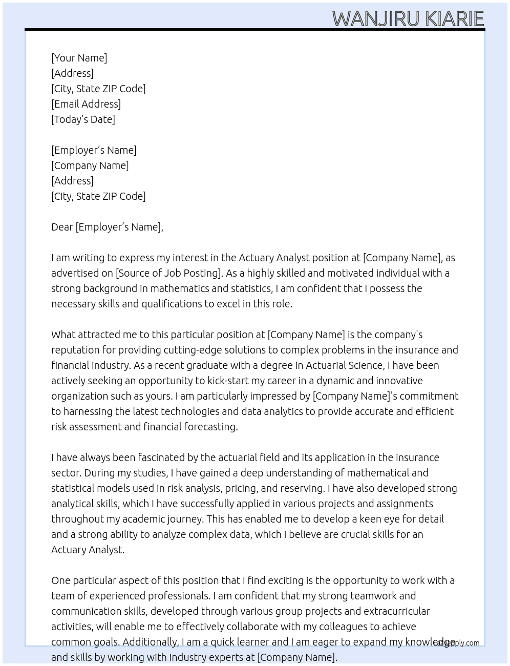 Actuary Analyst At graduate Cover Letter
