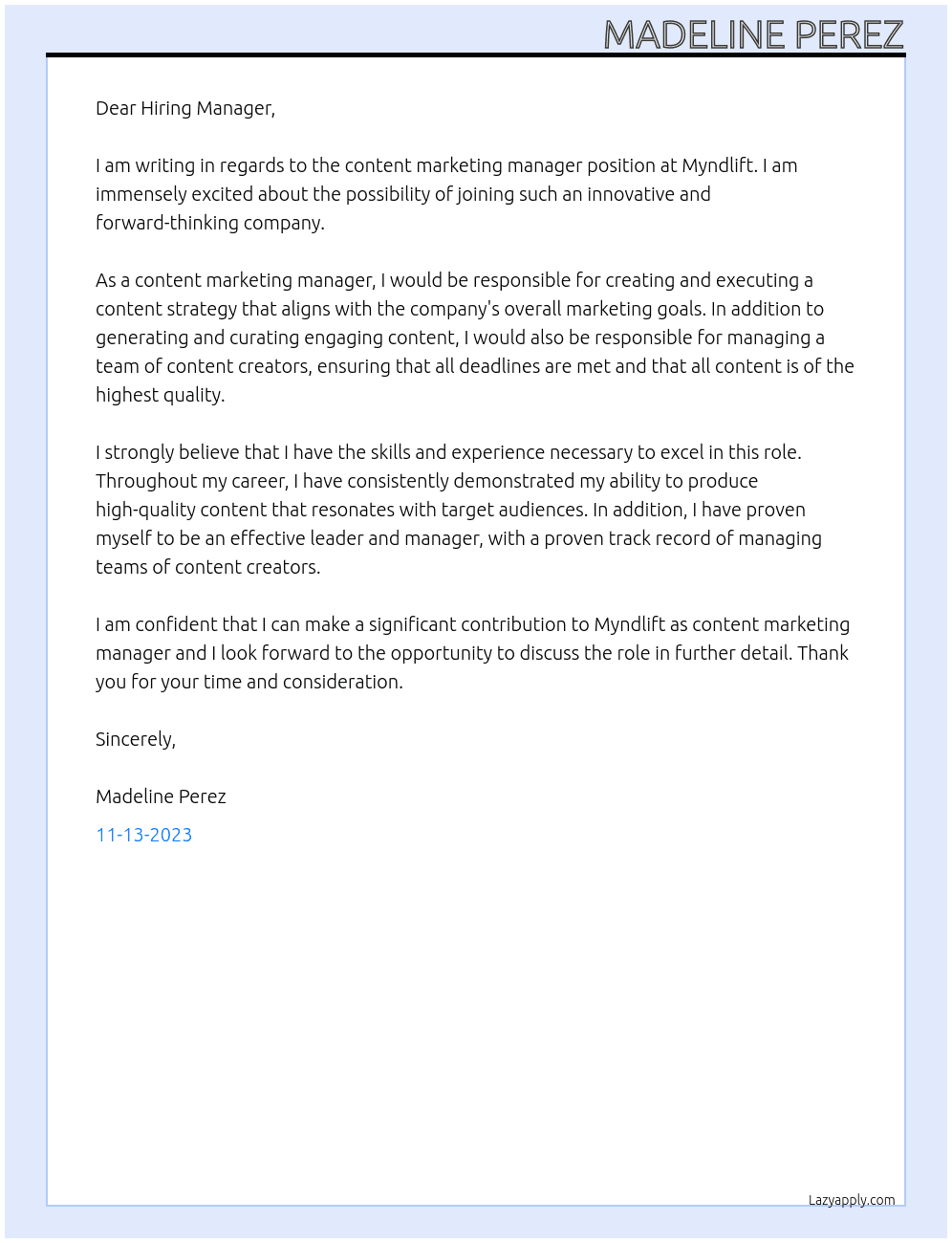 Content Marketing Manager  At Myndlift Cover Letter