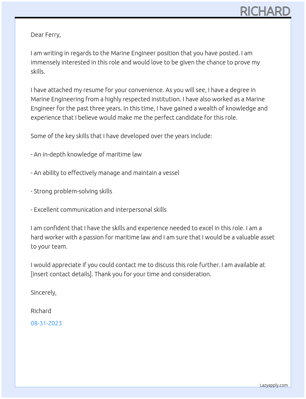 Marine Engineer At Ferry Cover Letter