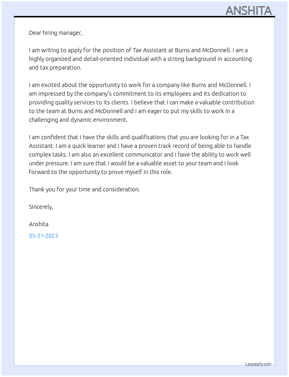Tax Assistant at Burns and McDonnell  At Burns and McDonnell  Cover Letter