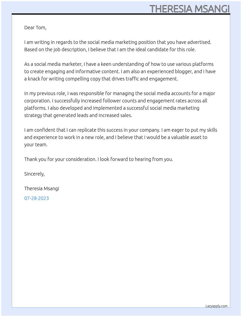 Social media marketing At b Cover Letter
