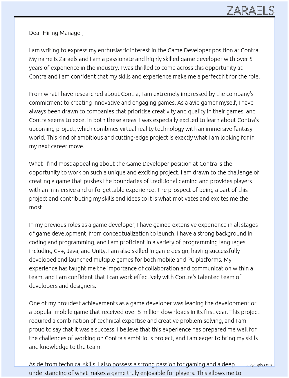 Game Developer At Contra Cover Letter