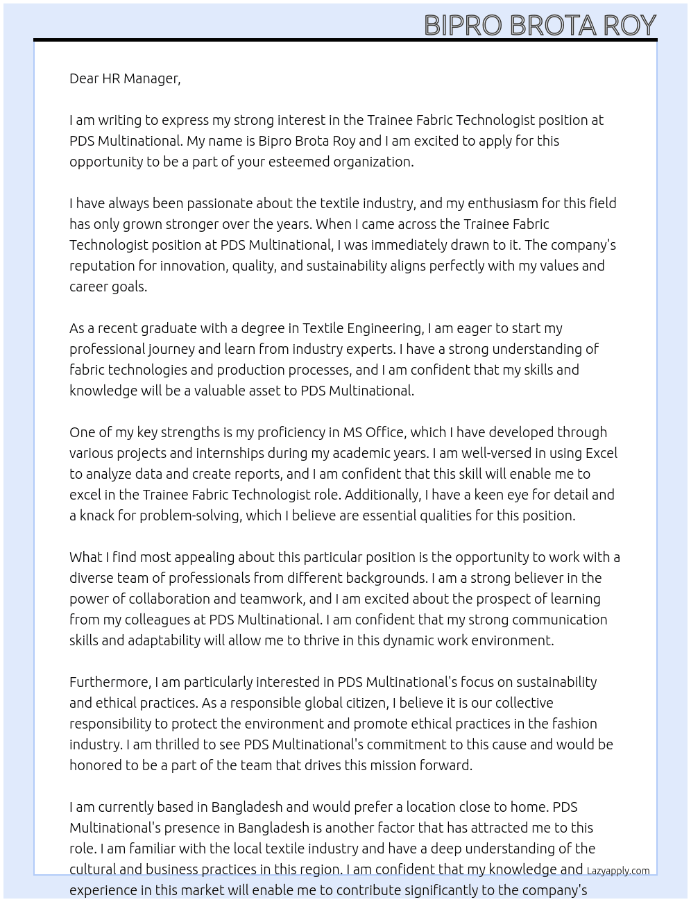 Trainee Fabric Technologist At PDS Multinational Cover Letter
