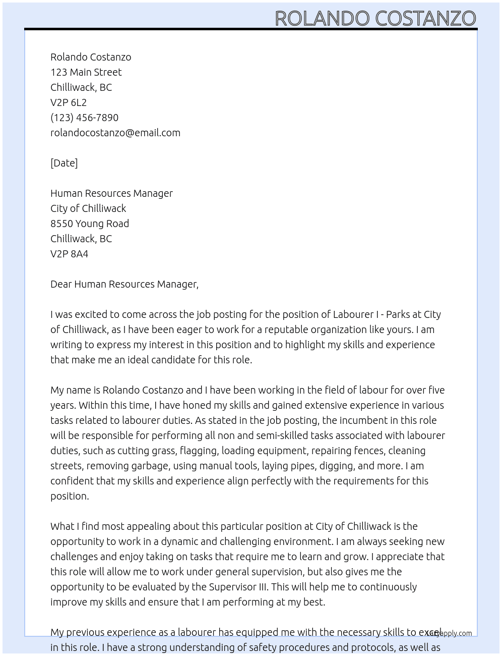 2024-130 - Labourer I - Parks (Time Duration) 3 Positions At City of Chilliwack Cover Letter