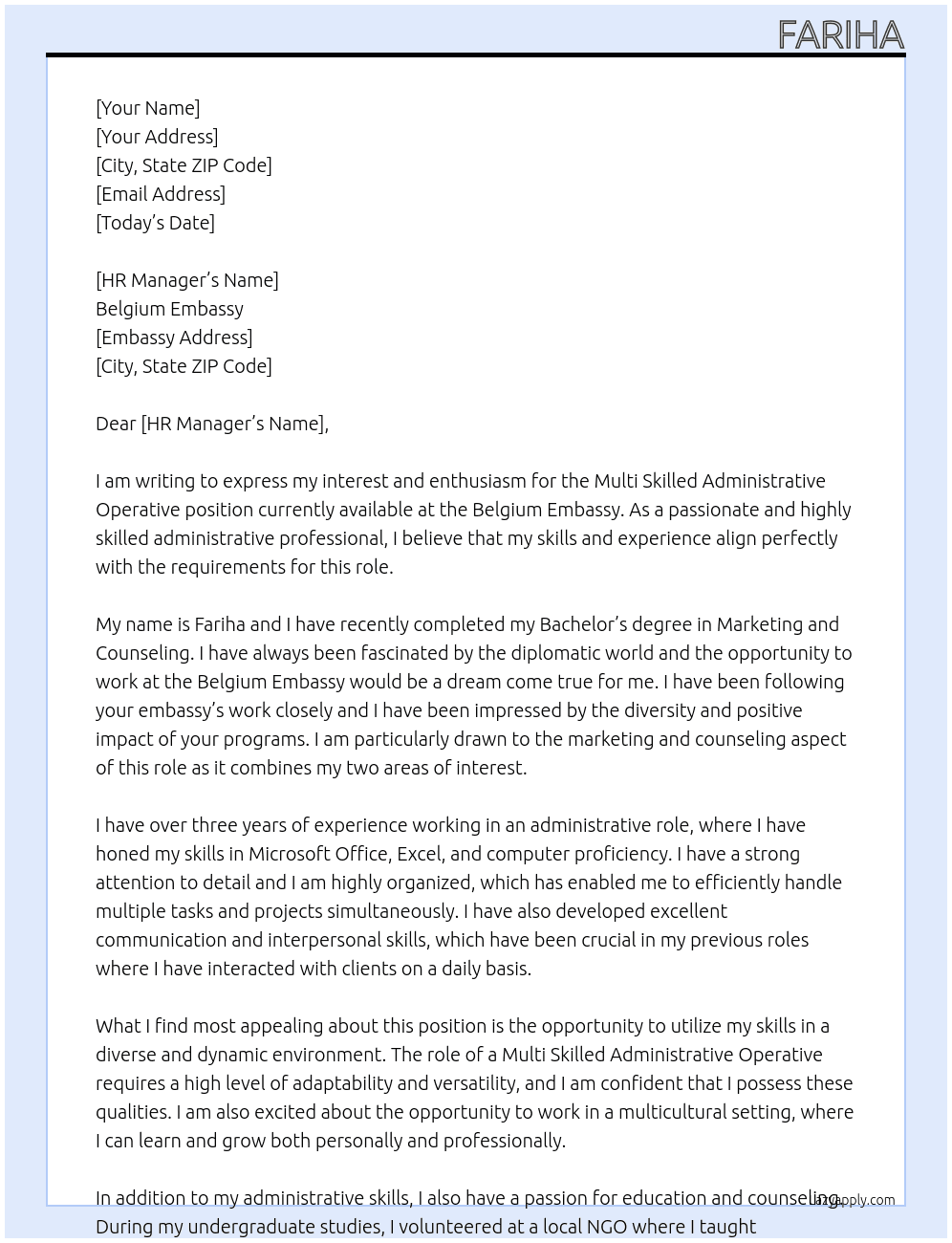 Multi skilled administrative operative  At Belgium embassy  Cover Letter