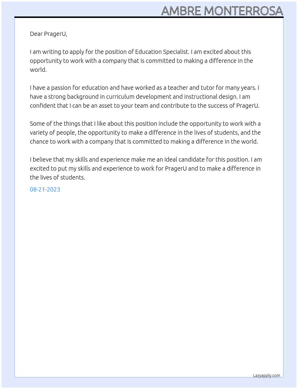 Education Specialist At PragerU Cover Letter