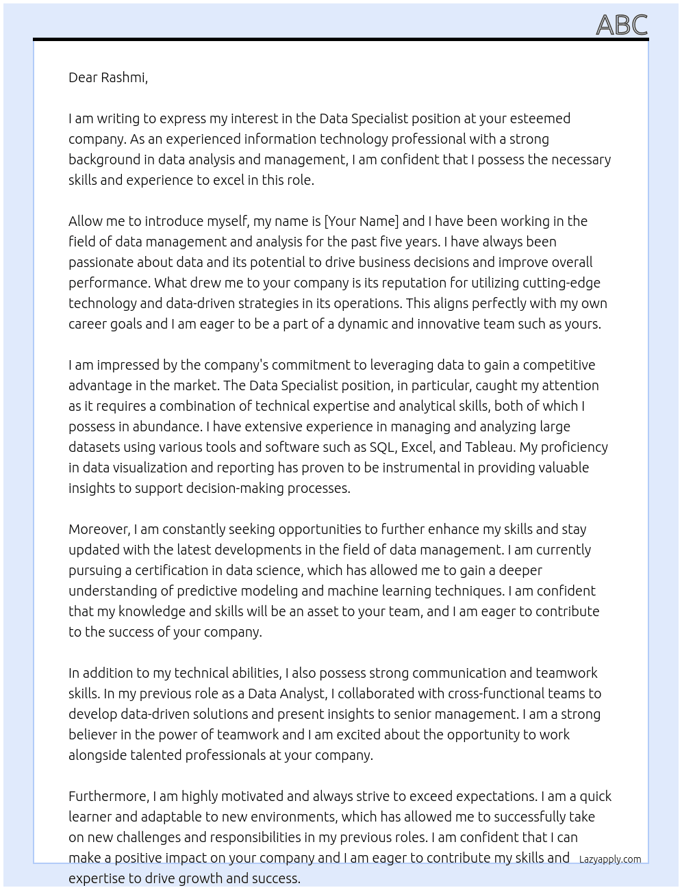 Data Specialist At Rashmi Cover Letter