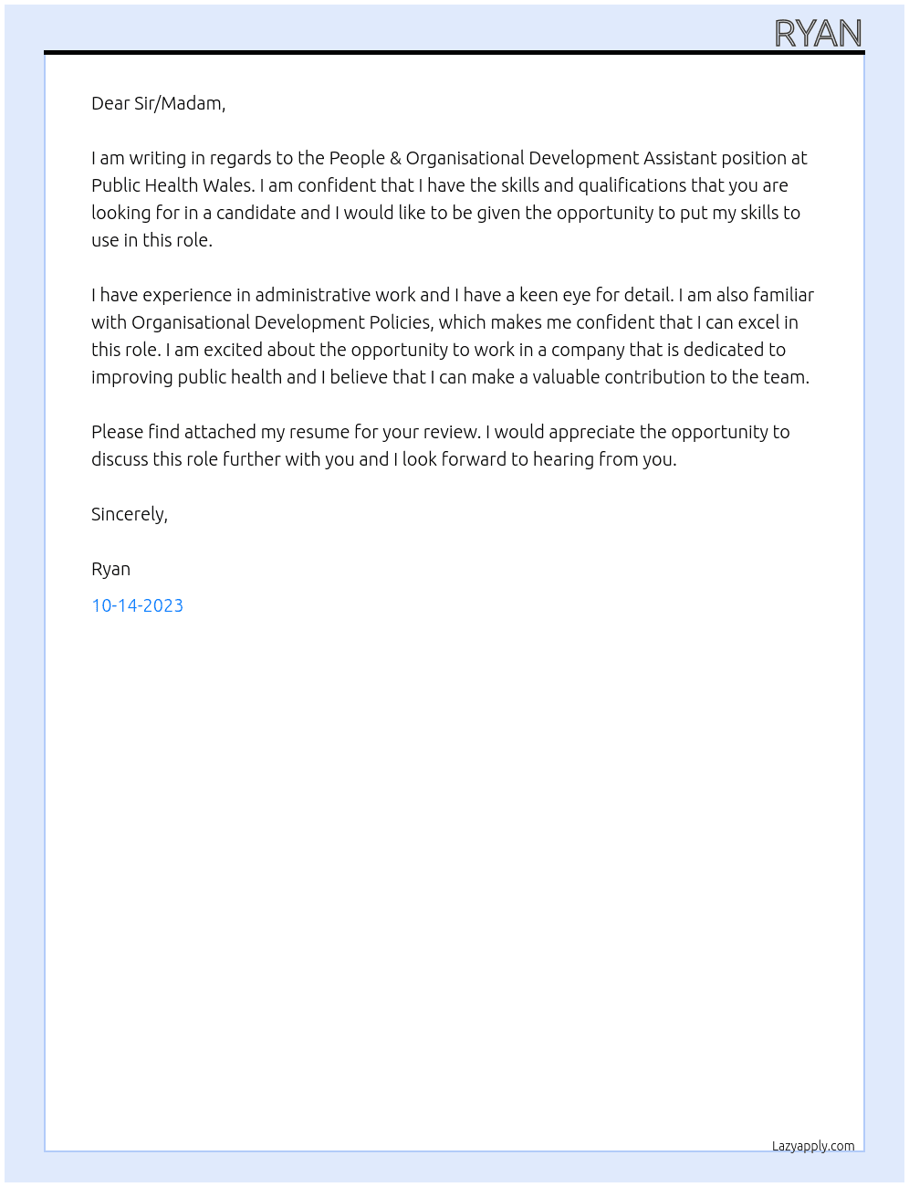 People & Organisational Development Assistant At Public Health Wales Cover Letter