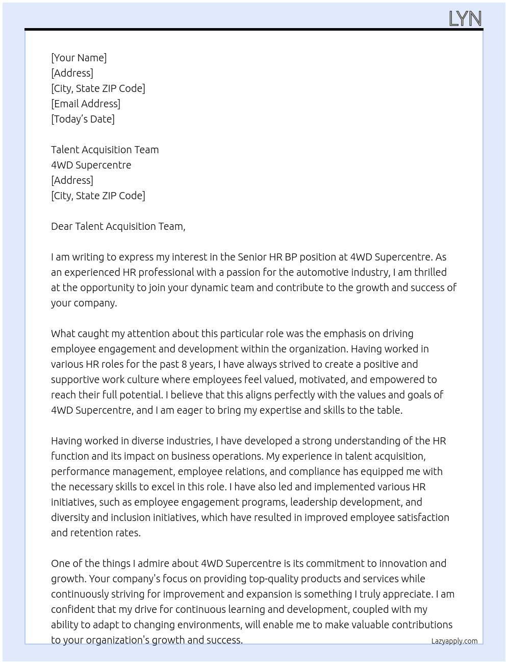 Senior HR BP At 4WD Supercentre Cover Letter