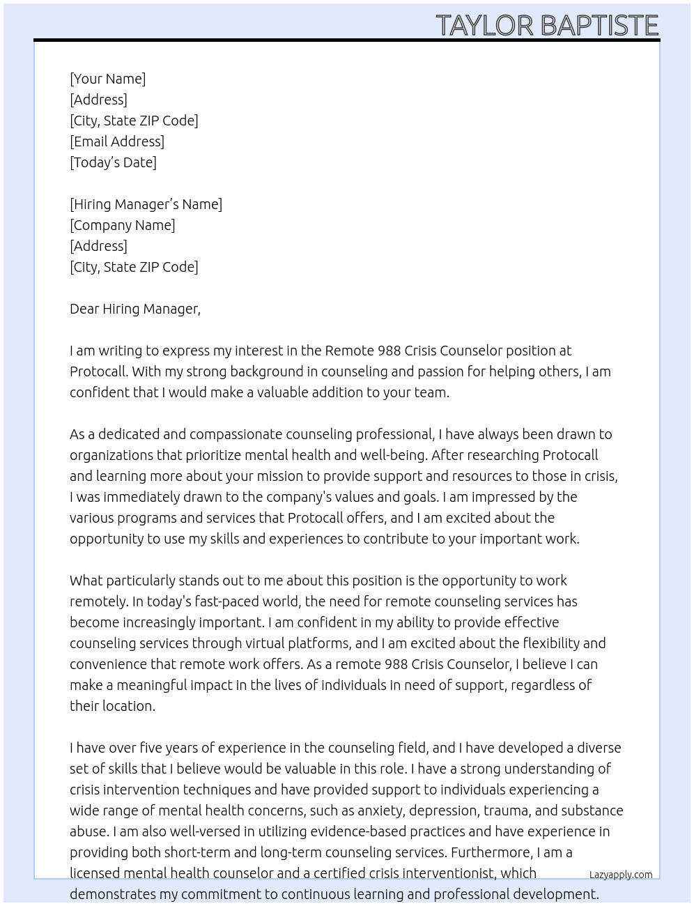 Remote 988 crisis counselor At Protocall Cover Letter
