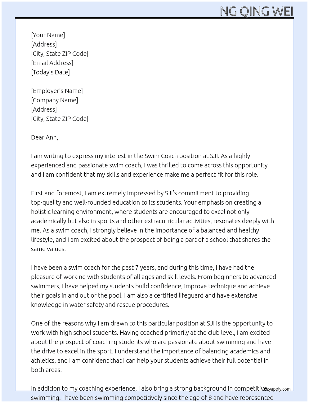 Swim Coach At SJI Cover Letter