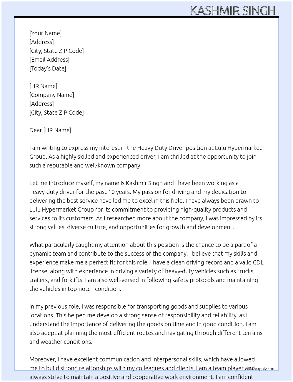 Heavy duty driver  At LULU HYPERMARKET GROUP  Cover Letter