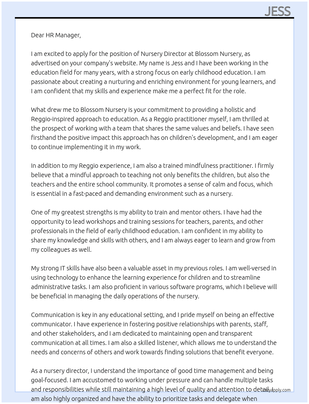 Nursery Director  At Blossom Nursery  Cover Letter