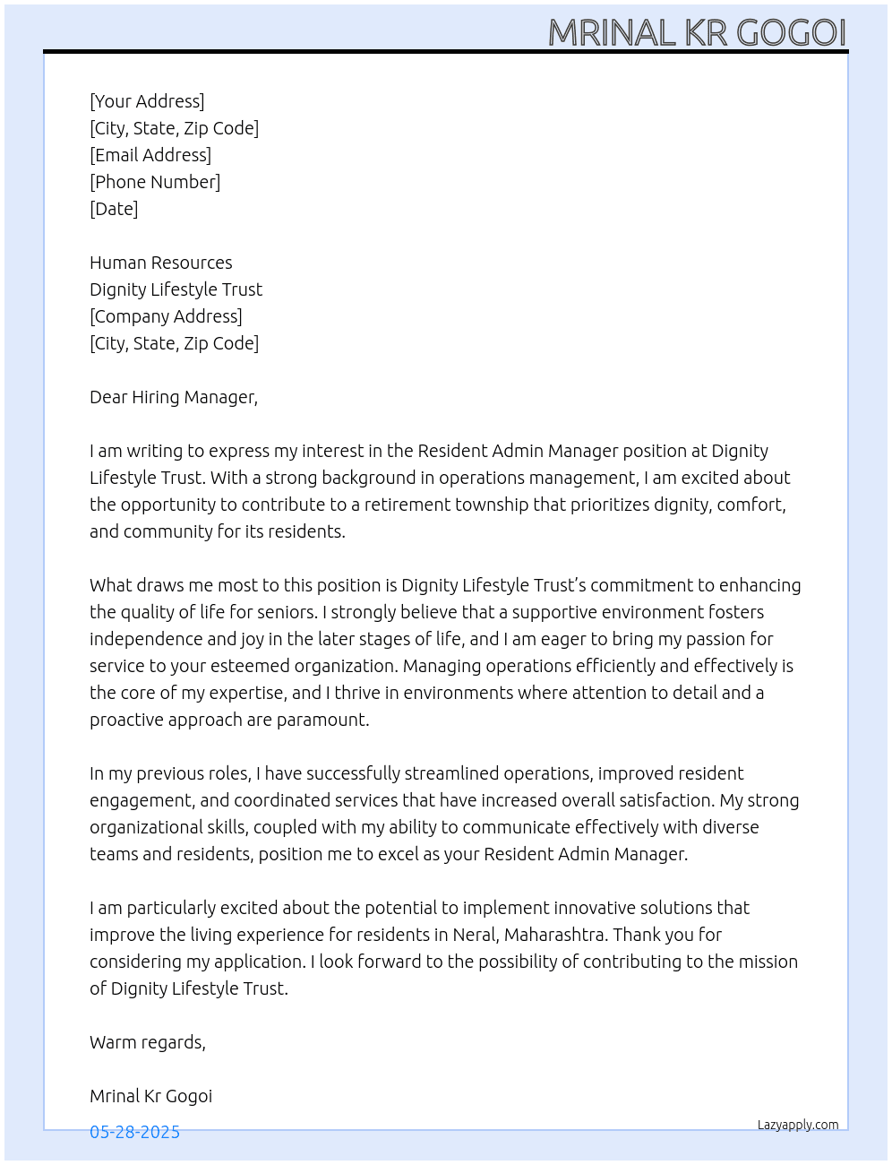 Resident Admin Manager for Retirement Township At Dignity Lifestyle Trust Cover Letter