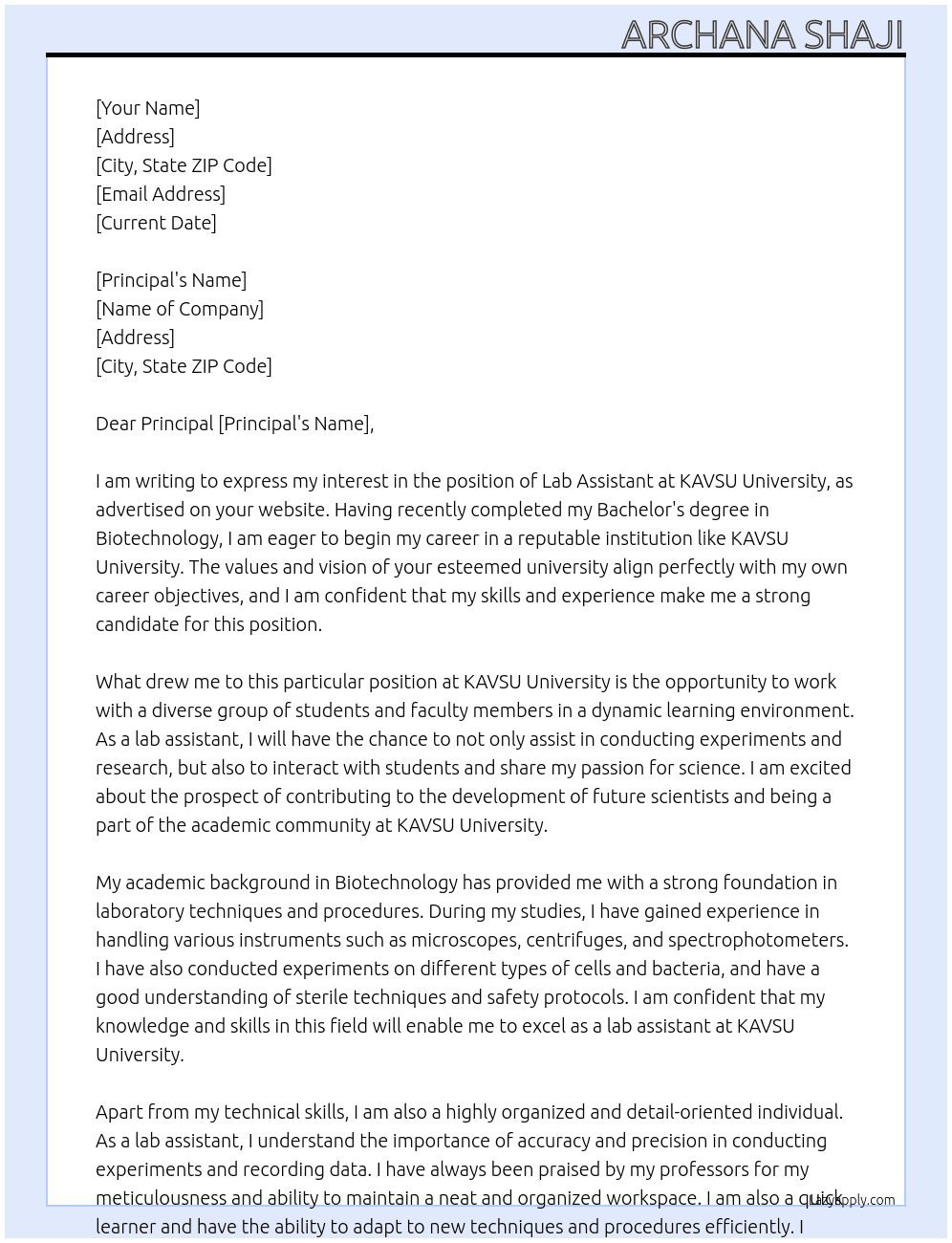Lab assistant  At KAVSU University  Cover Letter