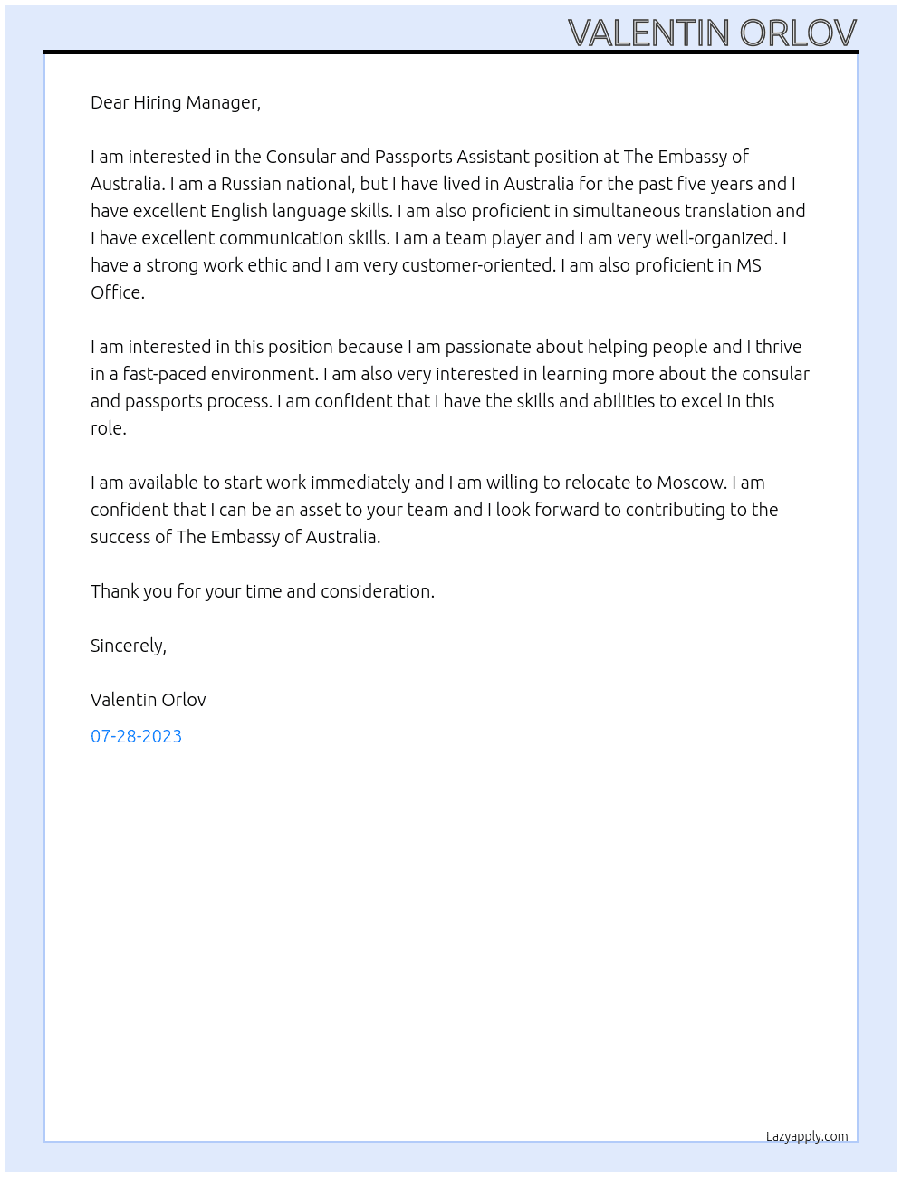 Consular and Passports Assistant At The Embassy of Australia Cover Letter