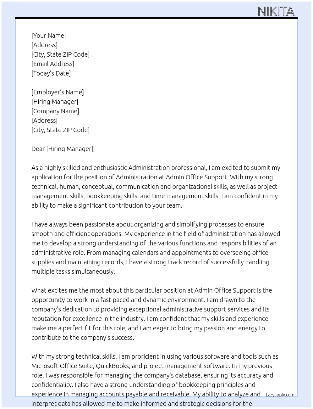 Administration At Admin office support  Cover Letter