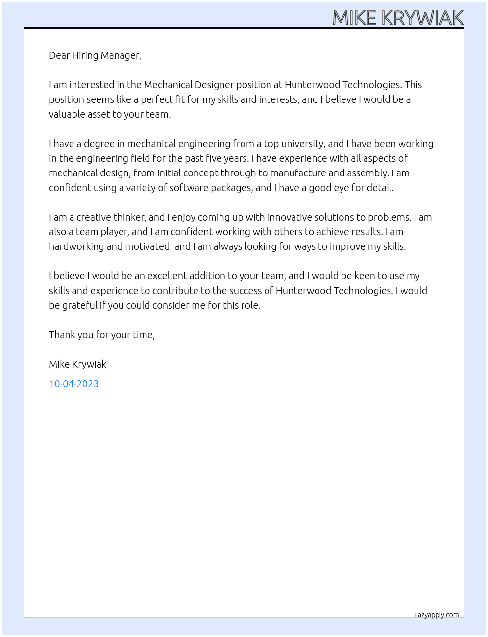 Mechanical Designer At Hunterwood Technologies Cover Letter