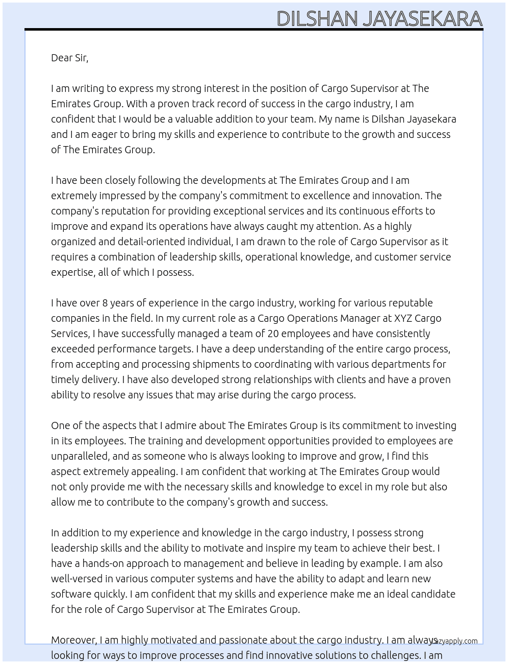 CARGO SUPERVISOR  At The emirates group Cover Letter