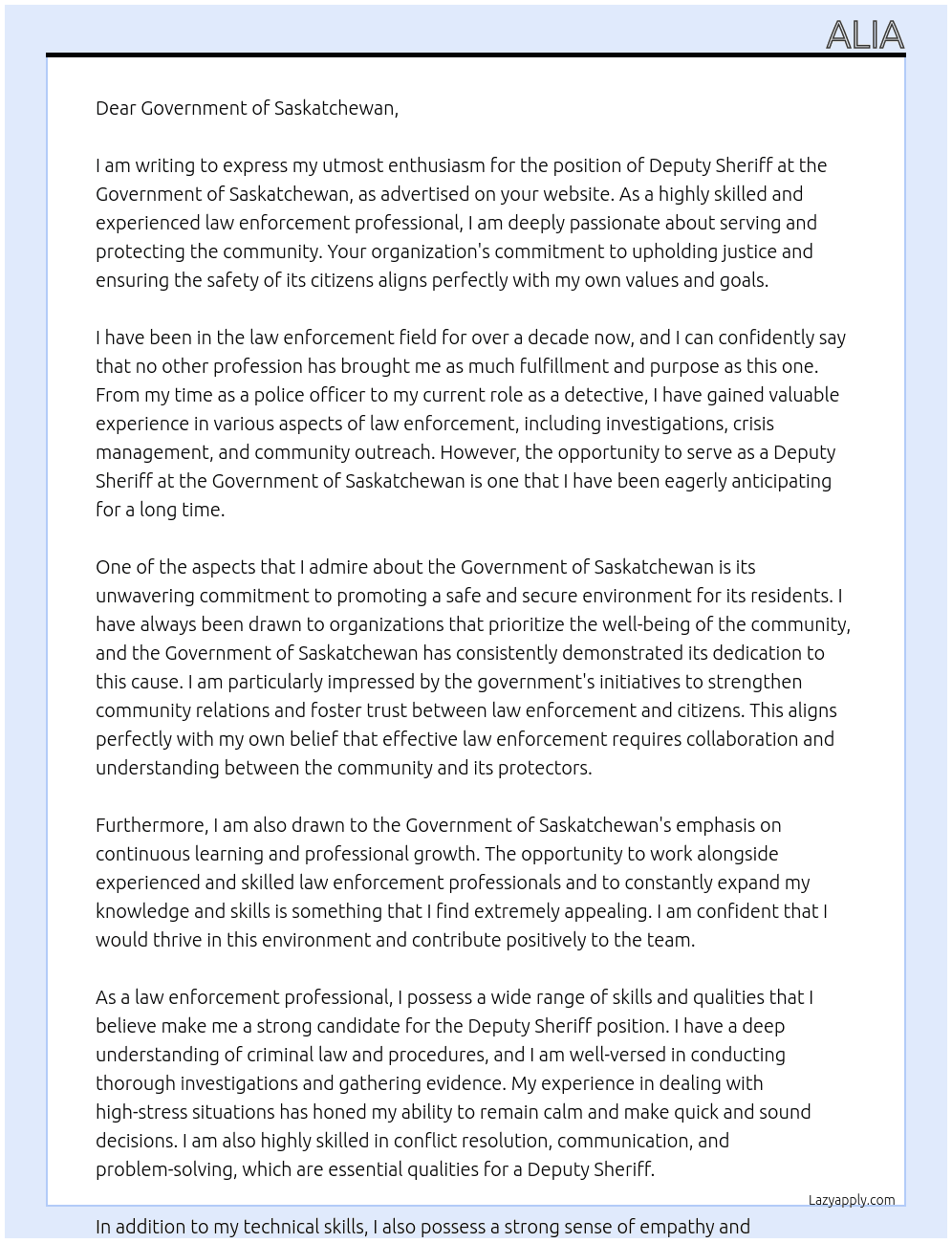 deputy sheriff  At Government of Saskatchewan Cover Letter