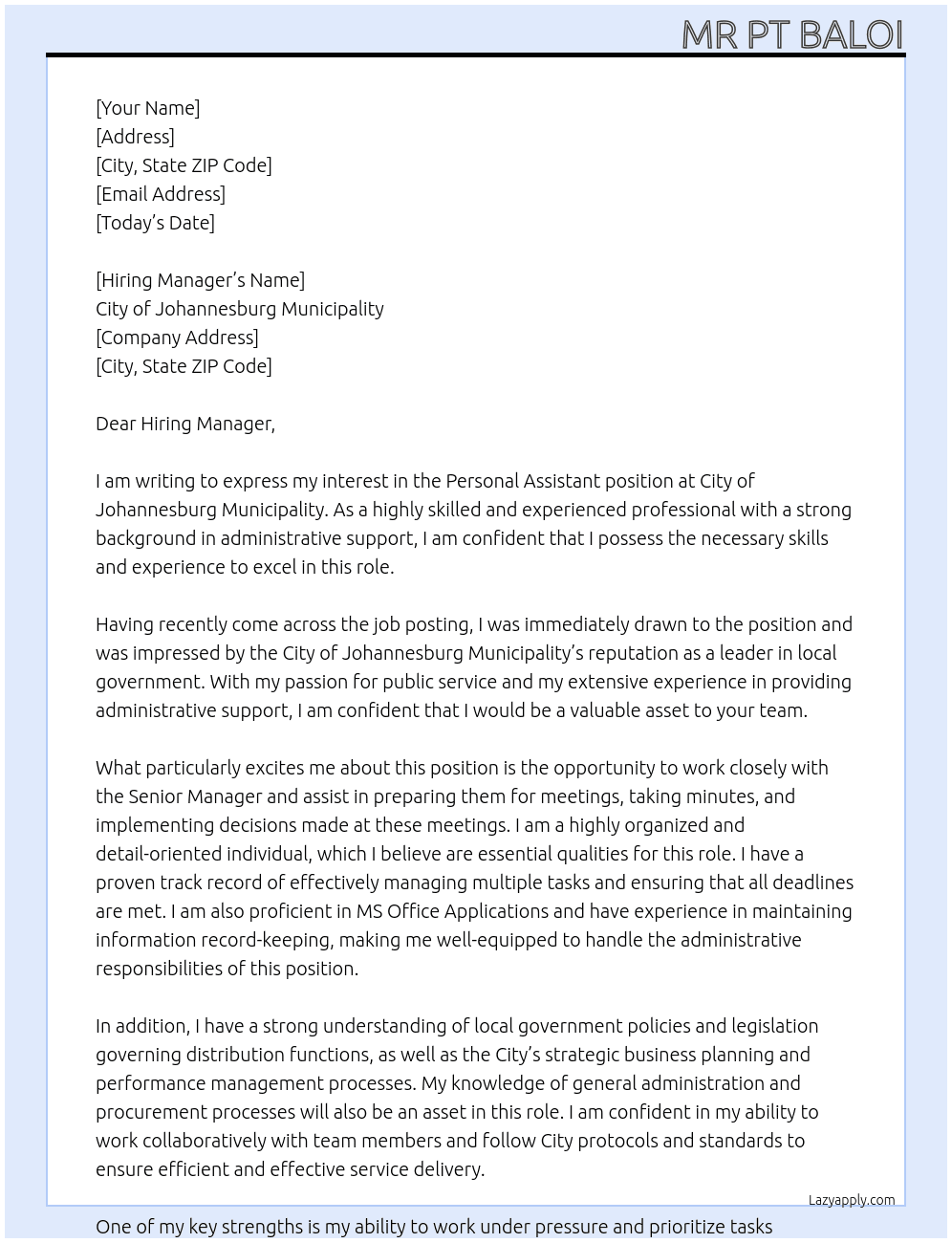 Personal Assistant At City of Johannesburg Municipality  Cover Letter