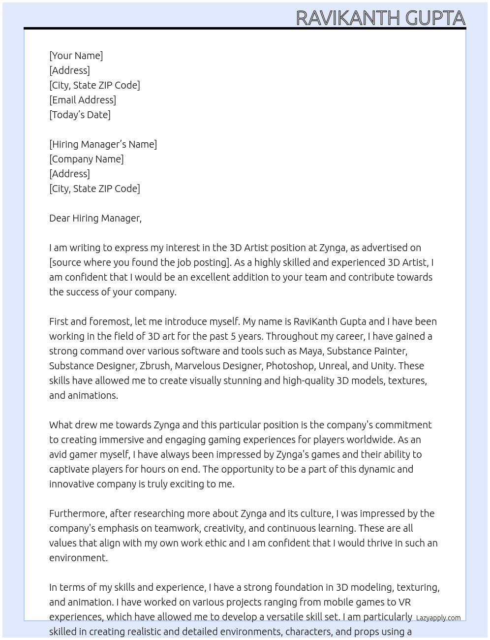 3d Artist At zynga Cover Letter