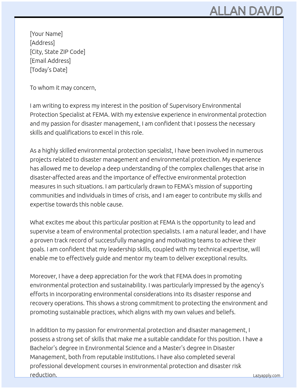Supervisory Environmental Protection Specialist At FEMA Cover Letter