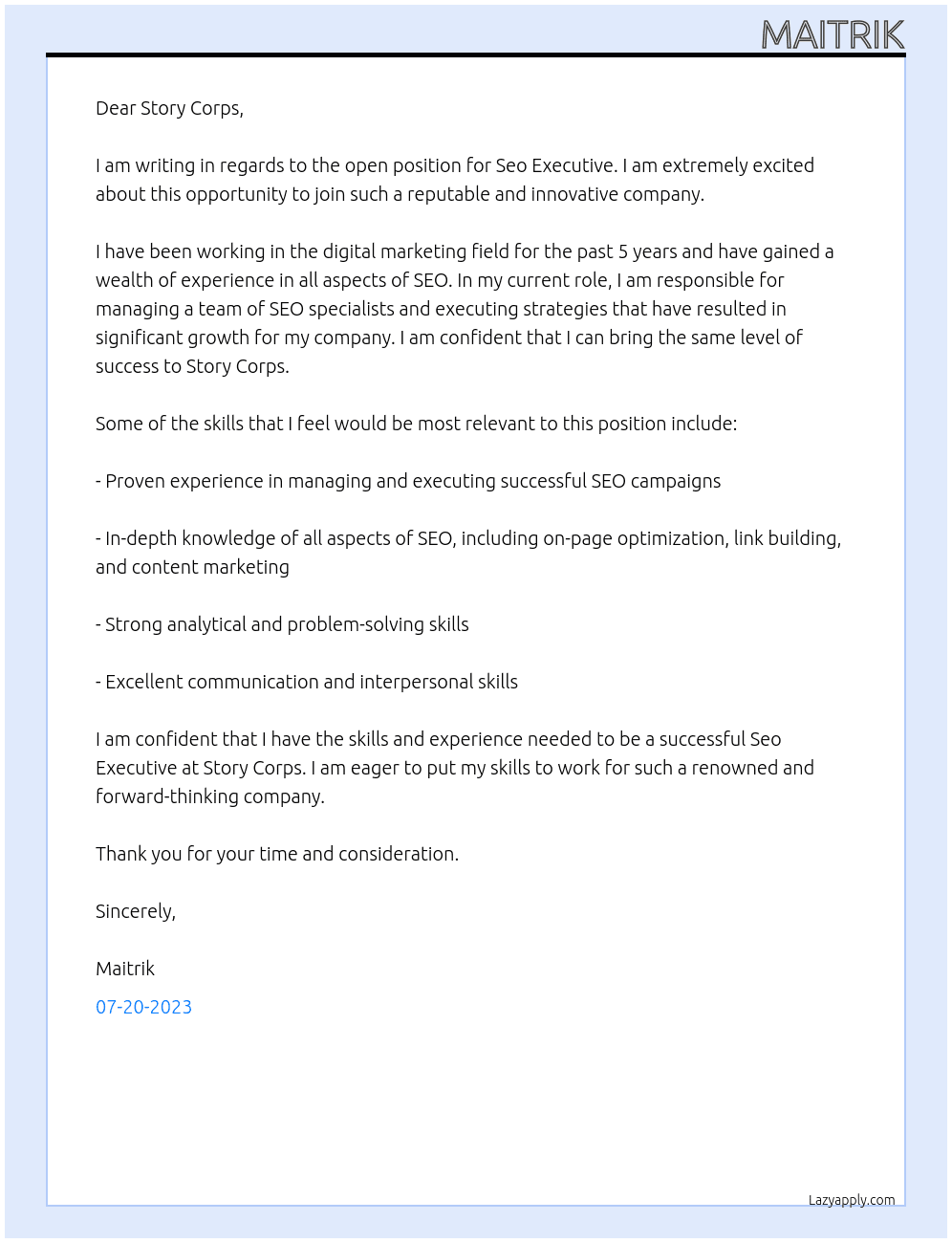 Seo Executive At Story Corps Cover Letter