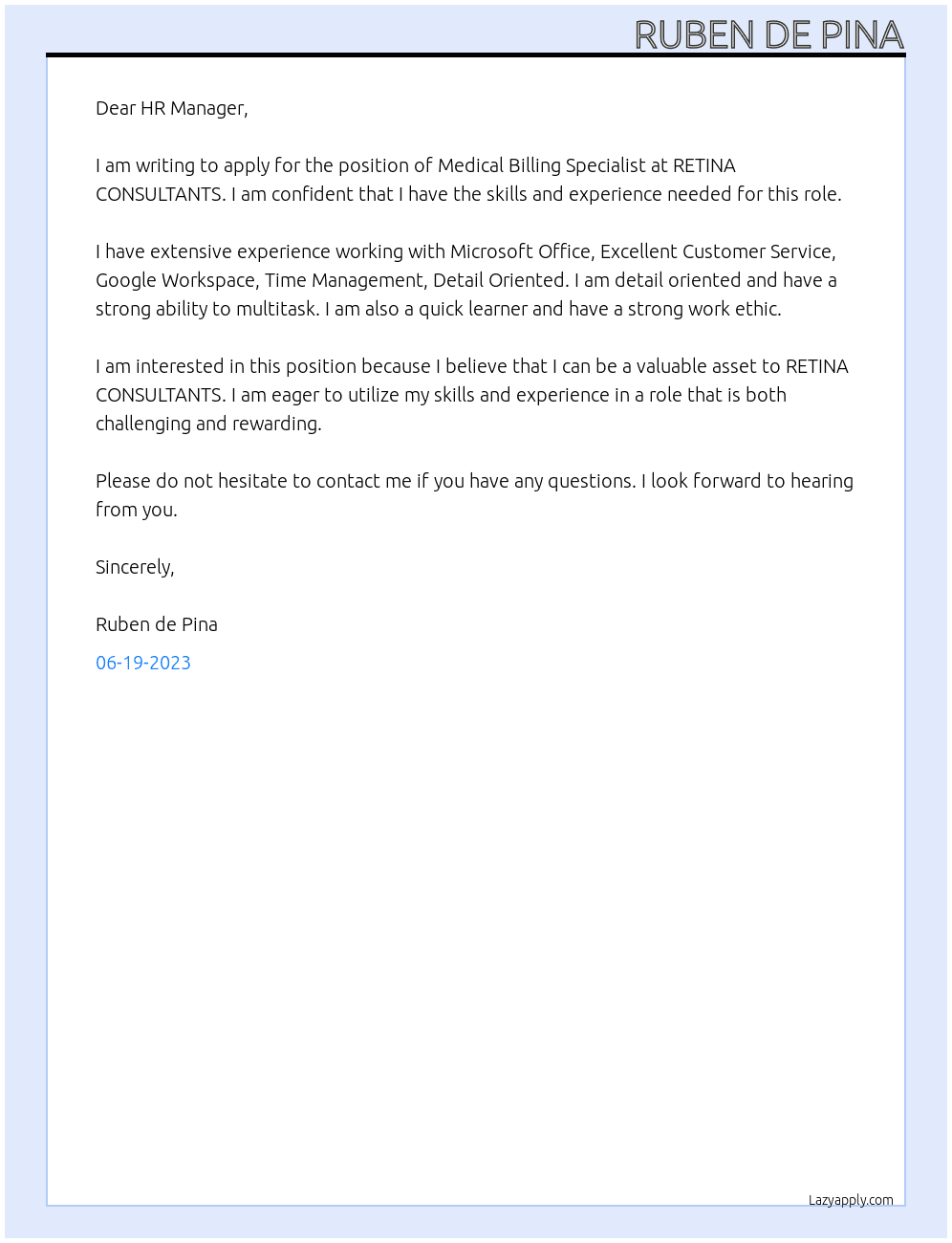 Medical Billing Specialist At RETINA CONSULTANTS Cover Letter