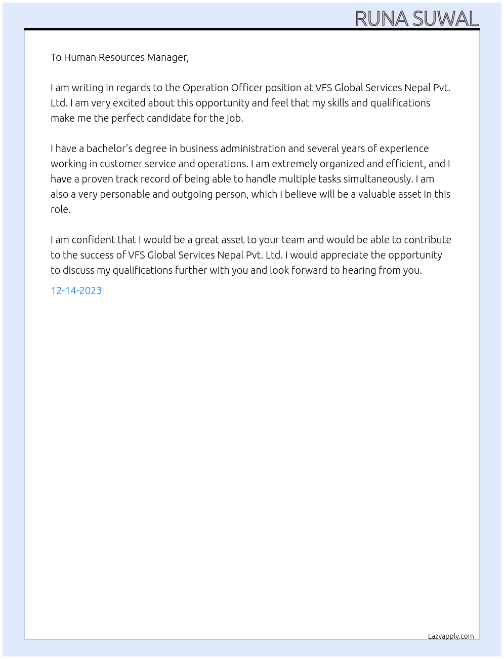 Operation Officer At VFS Global Services Nepal Pvt. LTd. Cover Letter