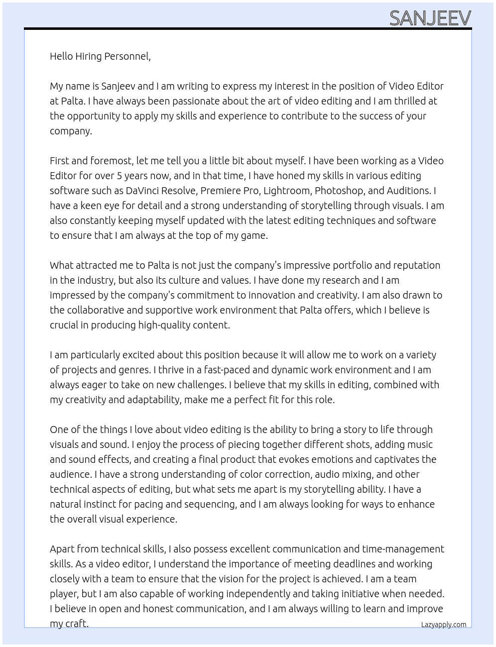 Video Editor At Palta Cover Letter