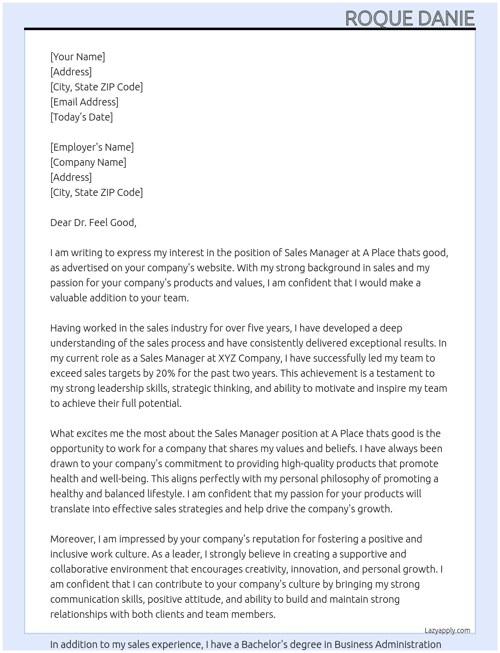 Sales Manager At A Place thats good Cover Letter