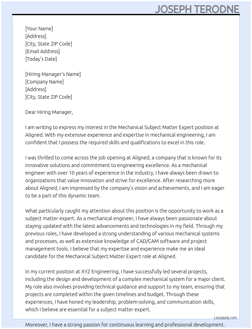Mechanical Subject Matter Expert At Aligned Cover Letter