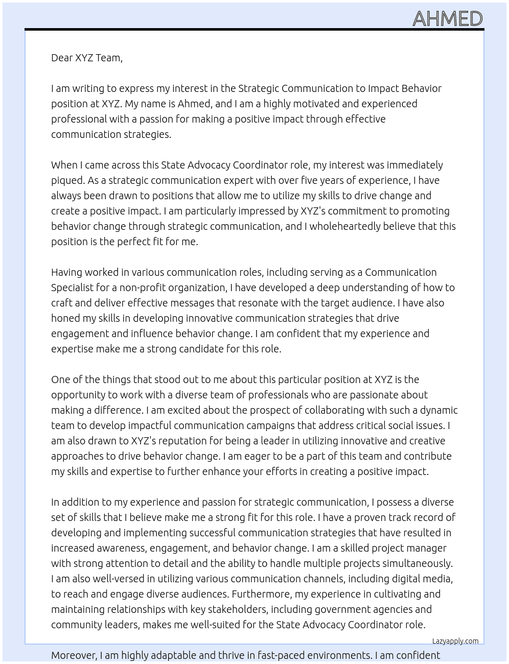 Cover letter for strategic communication to impact behavior - LazyApply
