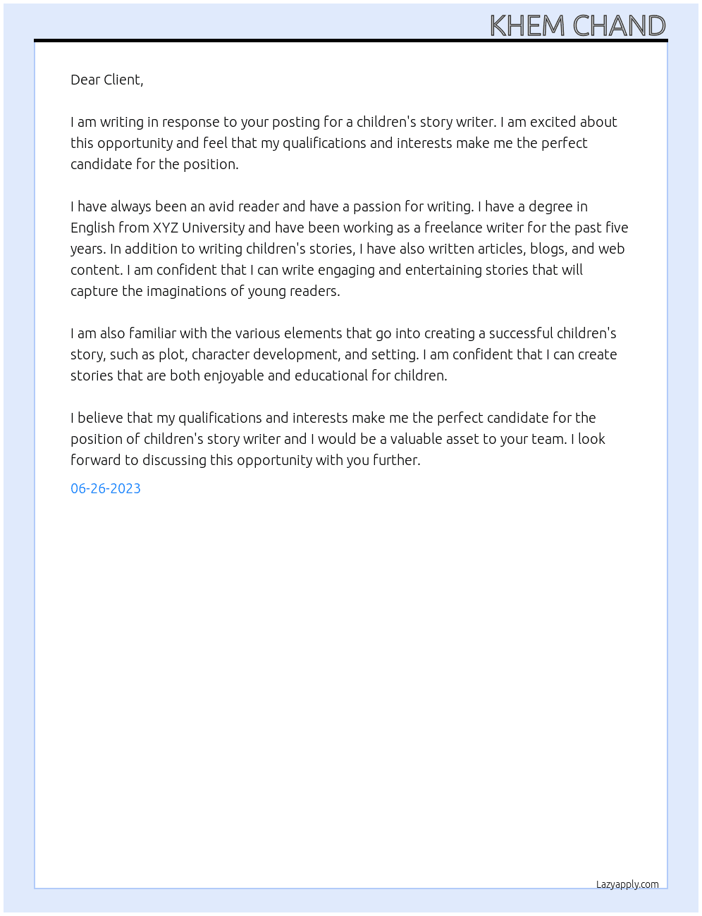 Children Story At Dear Client Cover Letter