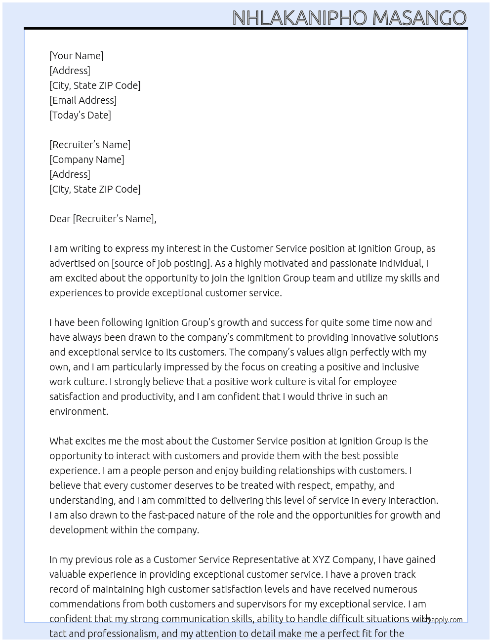 Customer Service At Ignition Group Cover Letter