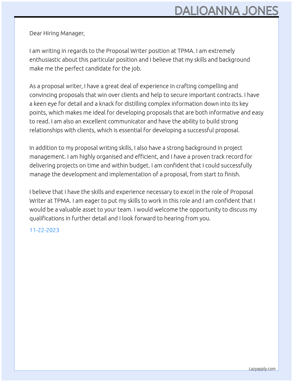 Proposal Writer At TPMA Cover Letter