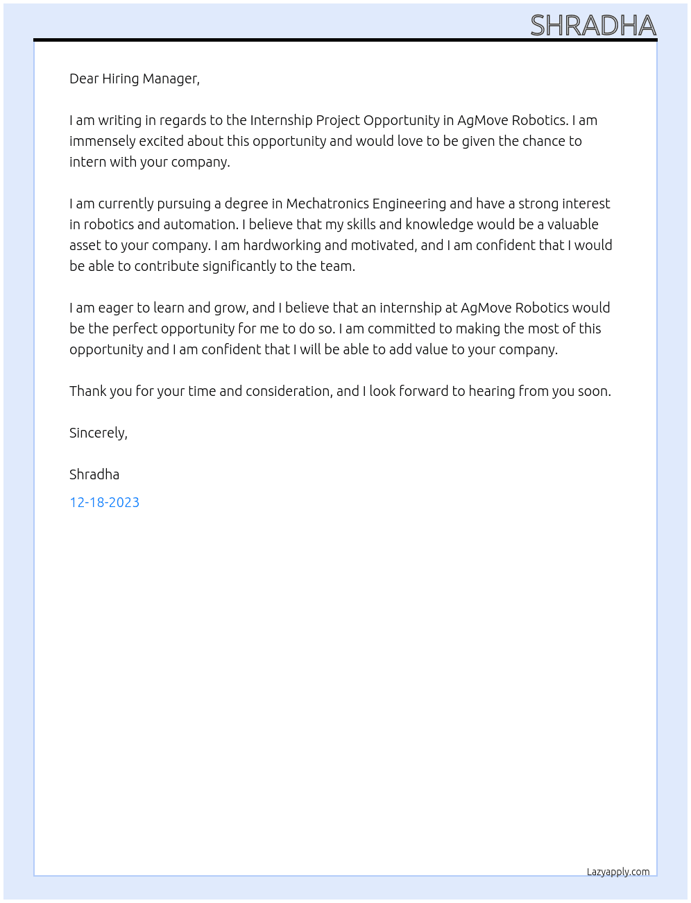 Internship Project Opportunity in AgMove Robotics At AgMove Robotics Cover Letter