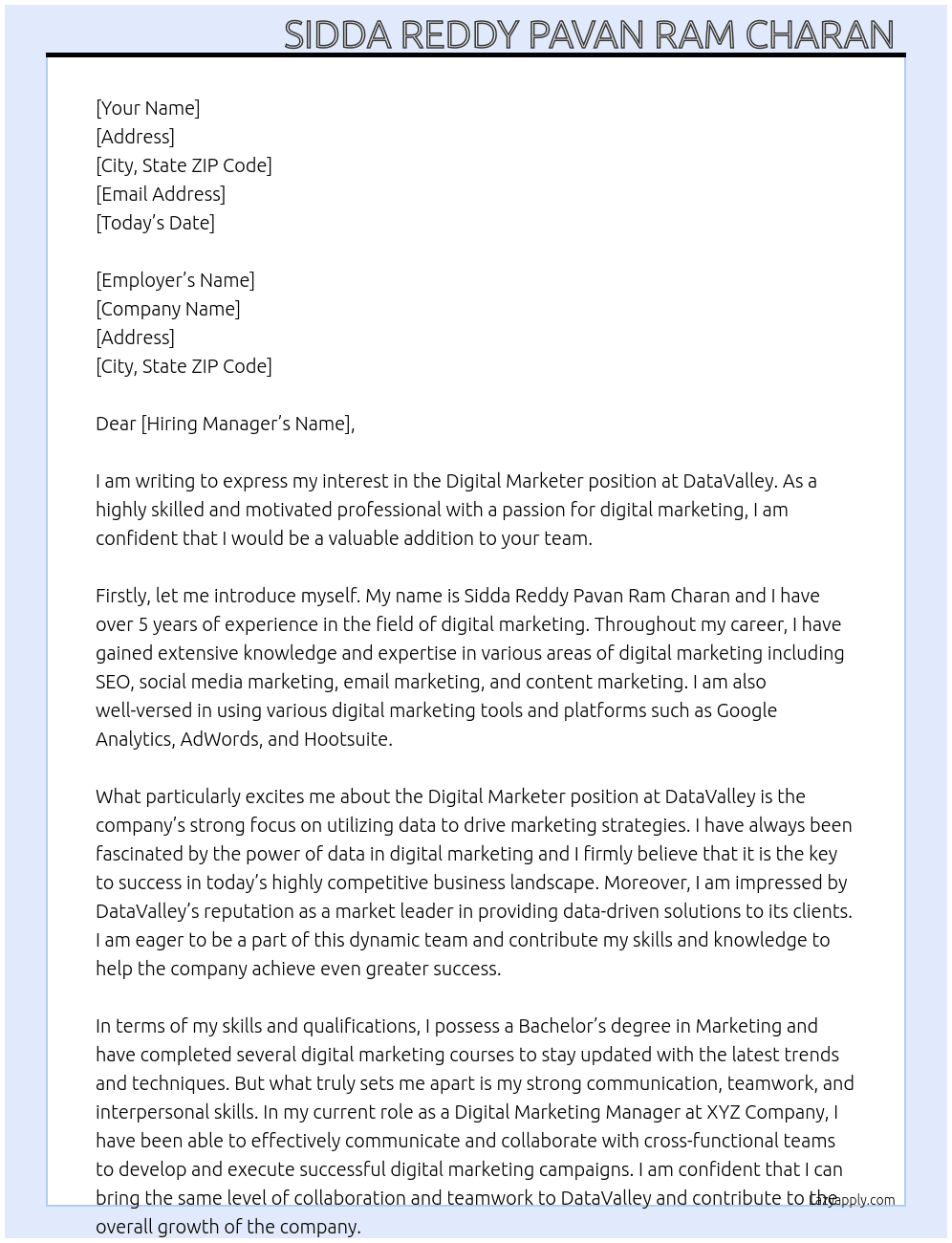 Digital marketers  At DataValley Cover Letter