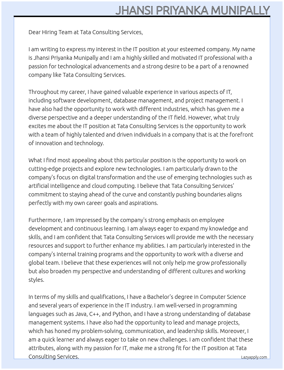 It  At Tata Consulting Services Cover Letter