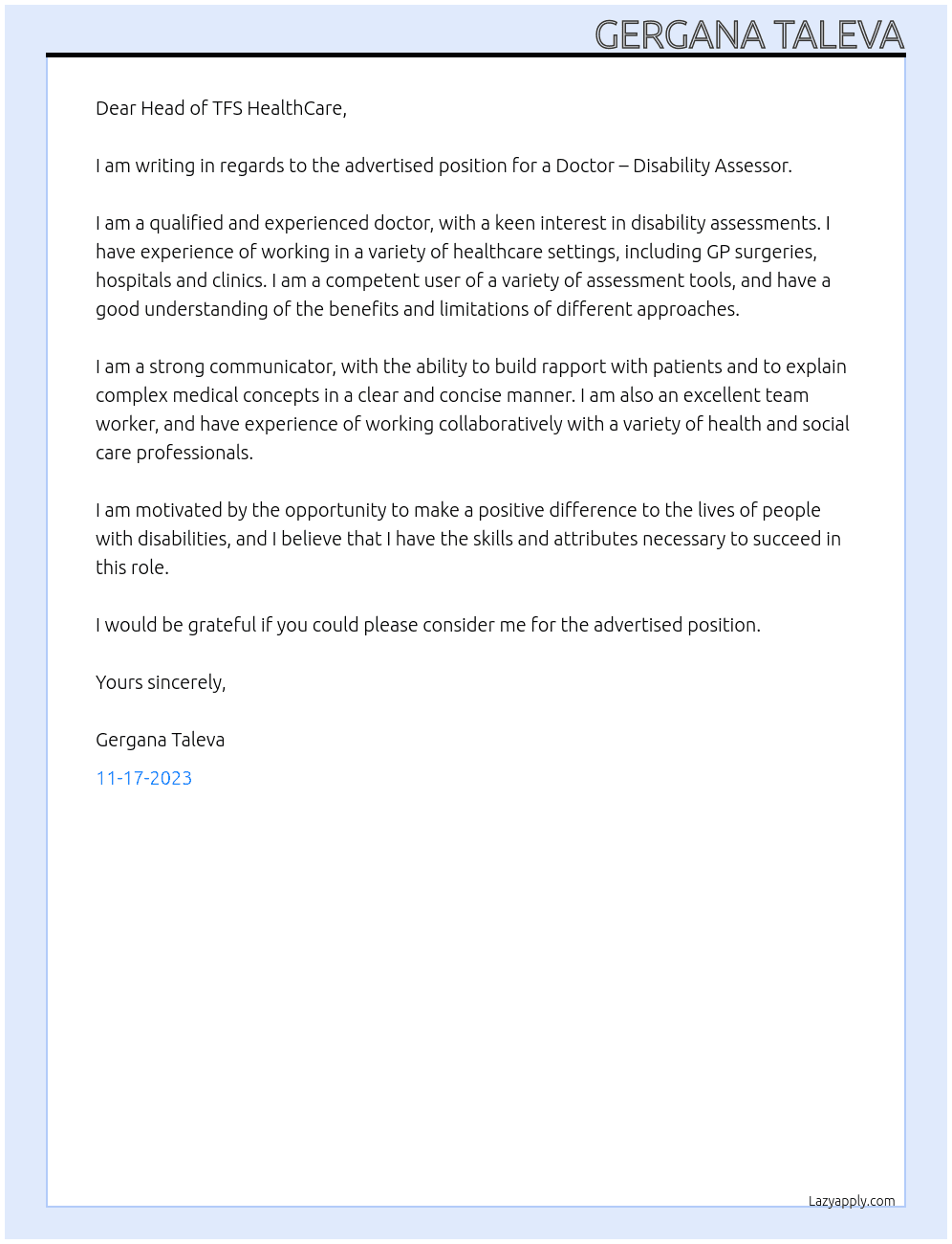 Doctor – Disability Assessor At TFS HealthCare Cover Letter