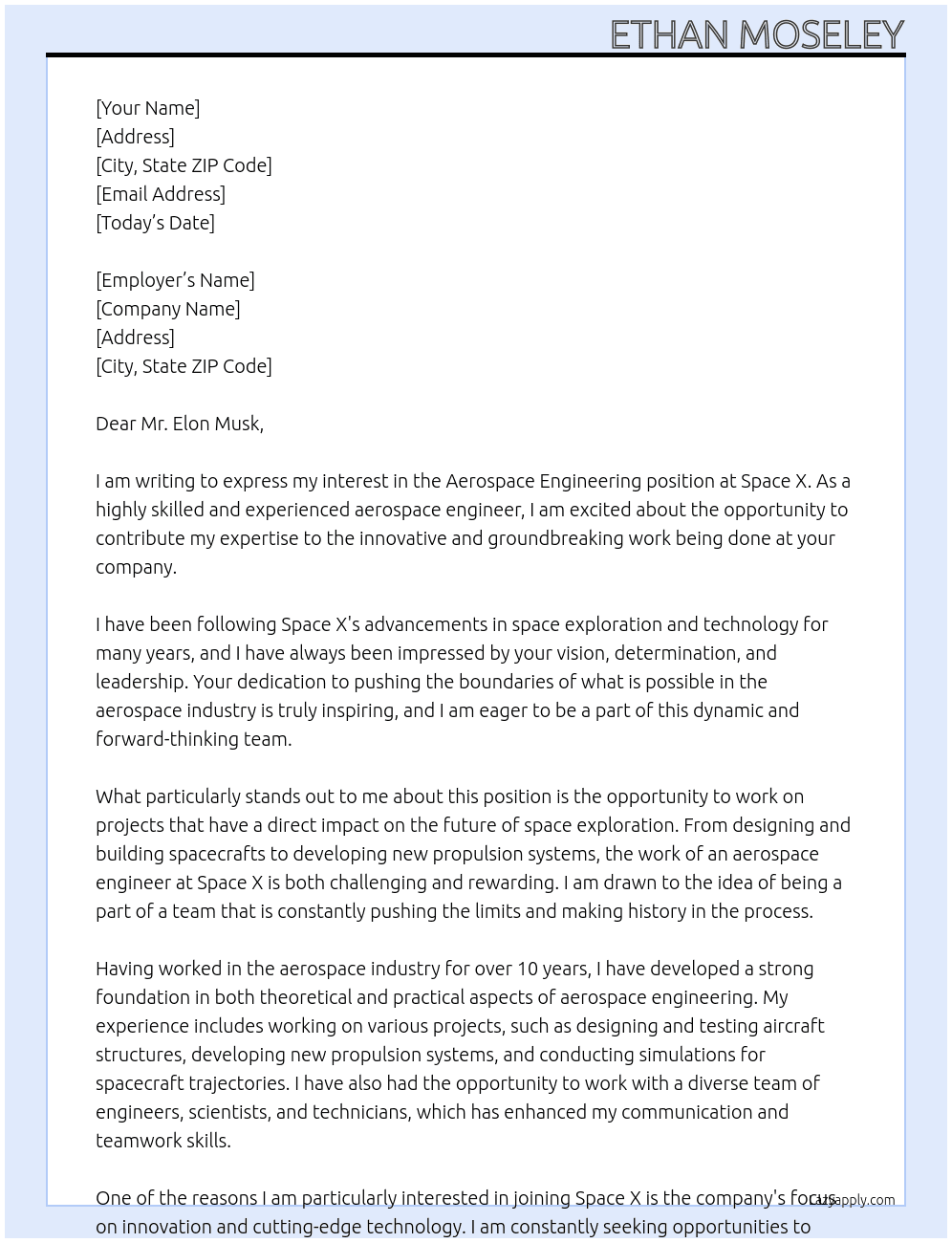 Aerospace engineering At Space X Cover Letter
